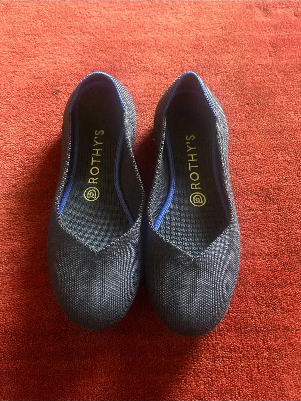 Rothy's Black Knit Pointed Flats with Blue Trim and Lime Insoles